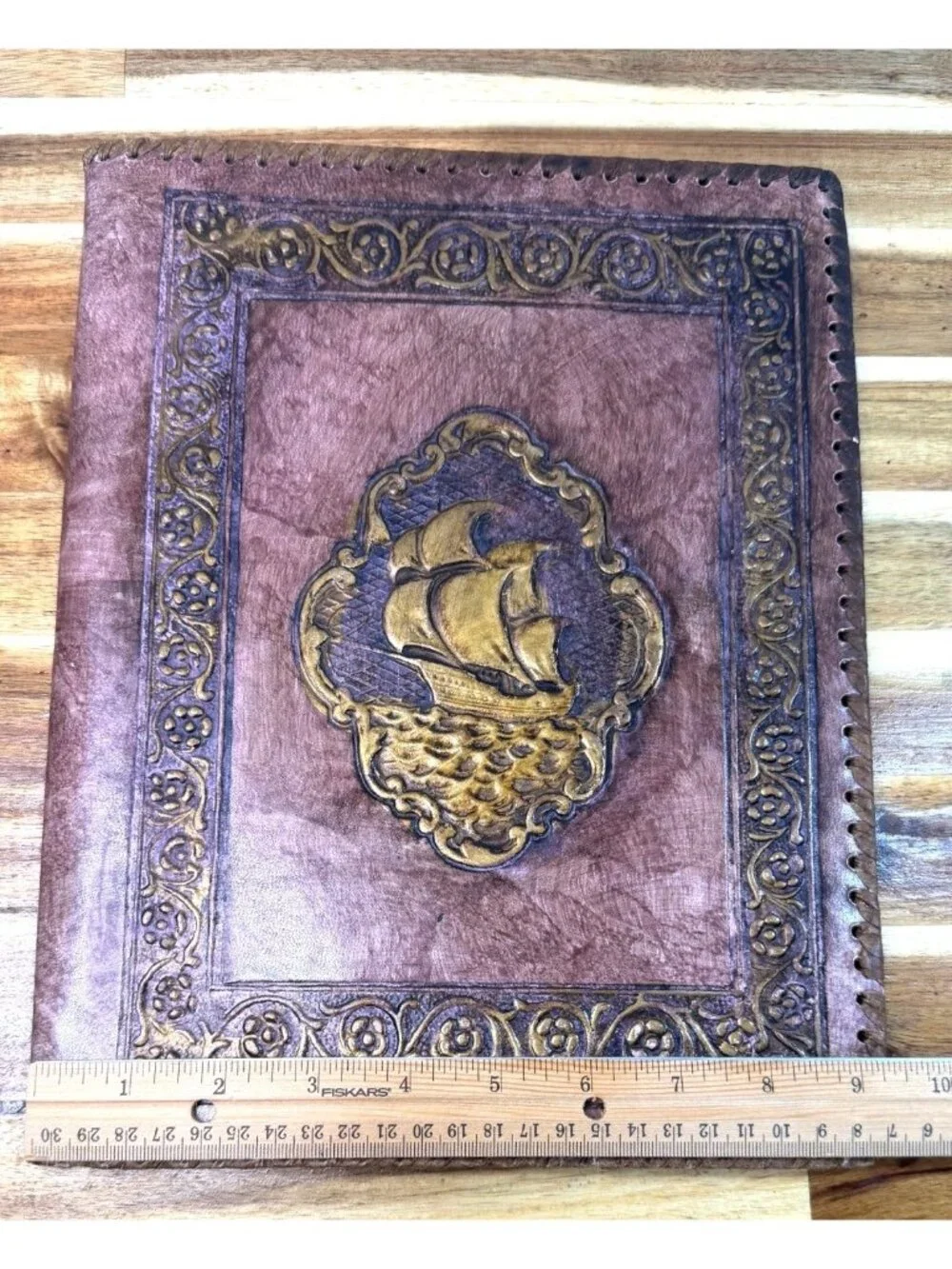 Vintage Hand-Tooled Leather like Nautical Scrapbook Photo Album - Galleon Ship D